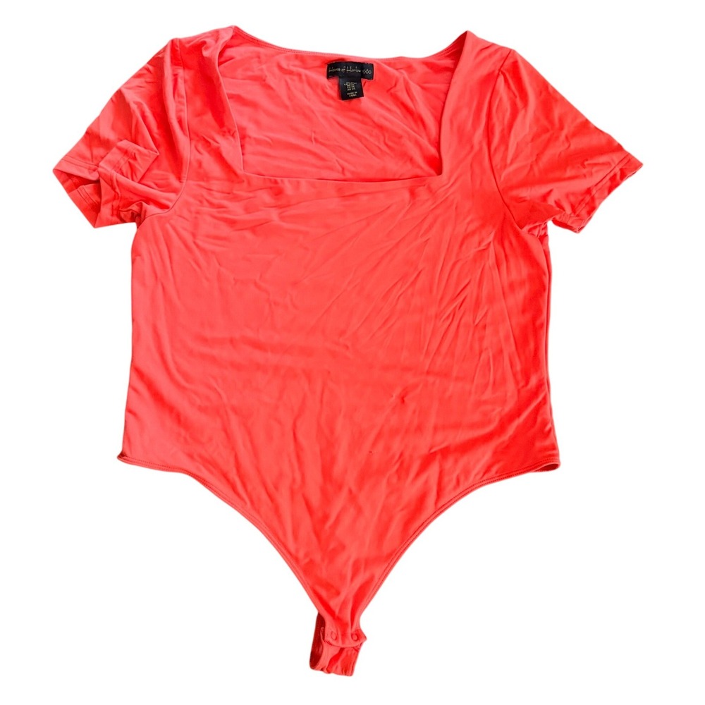 House of Harlow 1960 Womens Square Neck thong Bodysuit XL Neon Coral Stretchy
